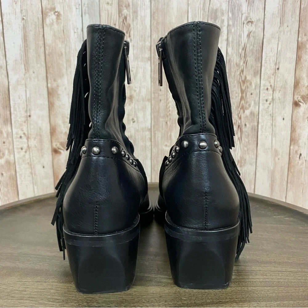 Sam‎ Edelman Bernie Leather Fringe Studded Black Booties Size 6 Women